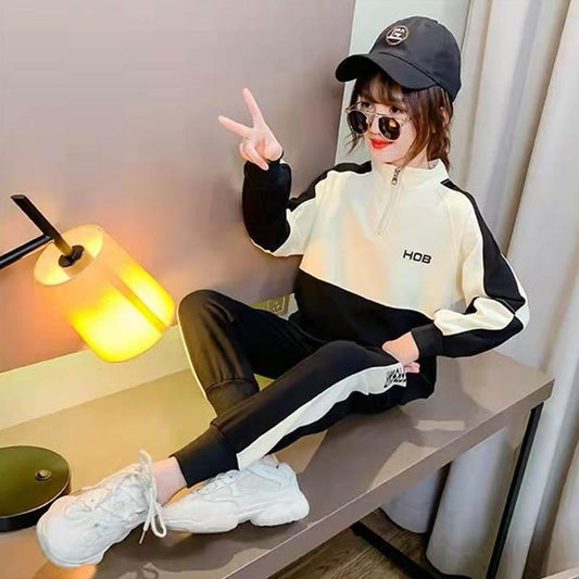 Girls Spring and Autumn Clothing, Children's Breathable Sportswear, Girls' Casual Splicing Contrast Color Printing Pullover Two-piece Set