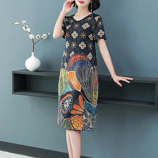 Summer Dress Plus Size Over The Knee Length Printed Straight Dress Women's Clothing