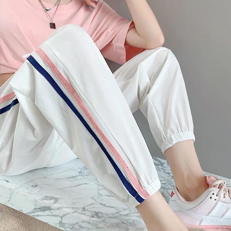 Ice Silk Sports Pants Women's Summer Casual Loose Loose Wild Side Strips Quick-drying Thin Section Nine-point Pants Women