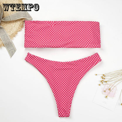 WTEMPO Fashion Pink Polka Dot Bikini Bikini Sexy Separate Tube Top Swimsuit