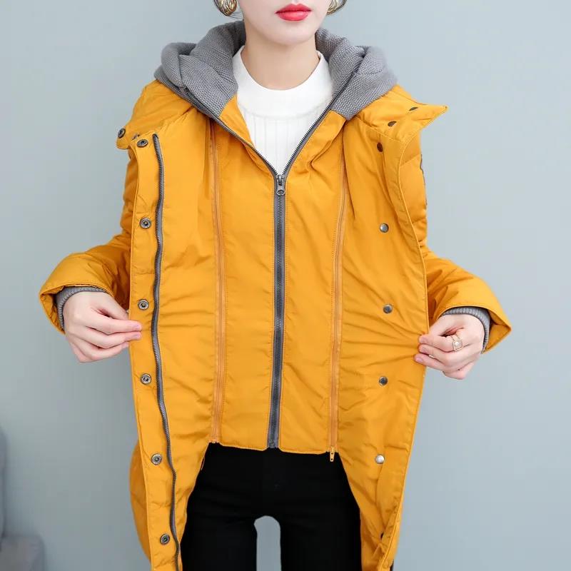 Mid-length White Duck Down Jacket Women Fashion Self-cultivation Knit Hat Fake Two-piece Winter Jacket