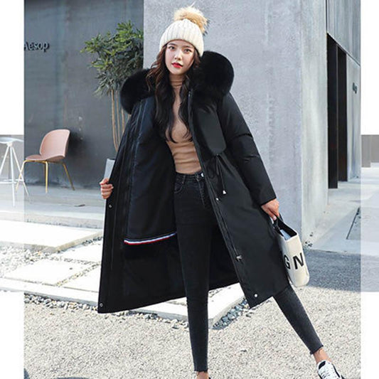 Detachable Women's Mid-length Over-the-knee Large Fur Collar Plus Velvet Padded Coat