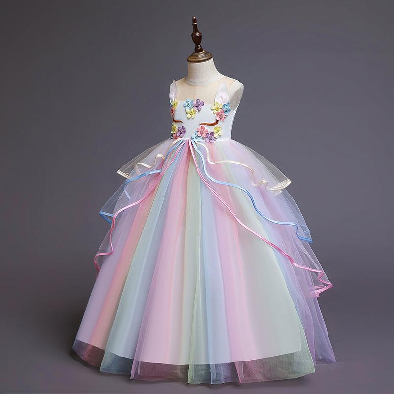 Kids Unicorn Dress for Girls Flower Appliques Ball Gown Little Girl Princess Dresses Elegant Party Costumes Children Clothing