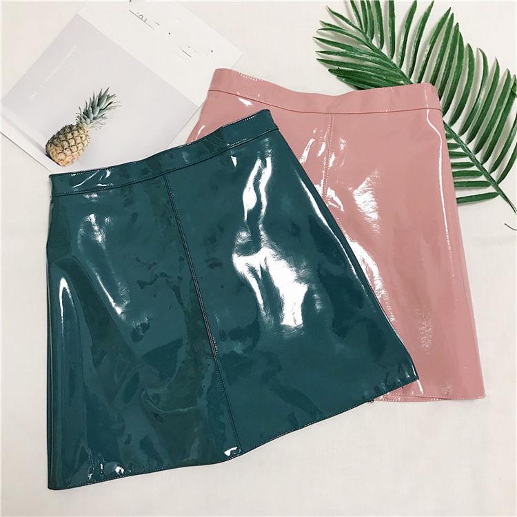Women's Sexy Leather Skirt Glossy PU leather short Solid zipper Mini Skirt Mid Waist A-line Pencil Skirts