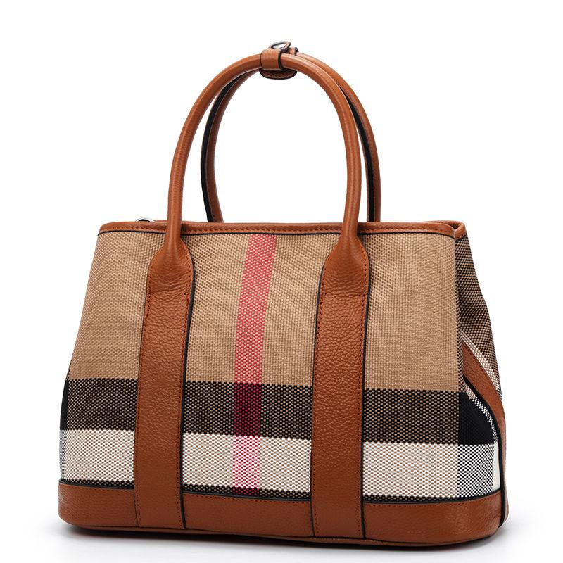 Leather Bag Ladies Trend Large Capacity Plaid Canvas Handbag All-match Commuter Shoulder Messenger Bag