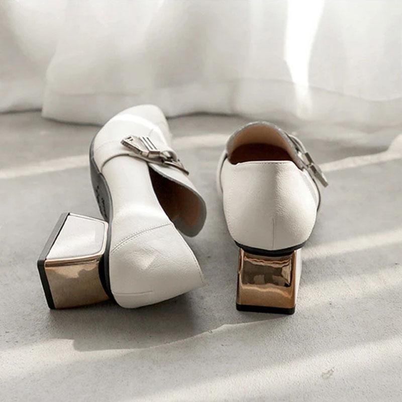 Soft Surface Comfortable Real Cowhide Thick Mid-heel Work Shoes Casual Shoes Single Shoes Women's Square Toe English Small Leather Shoes