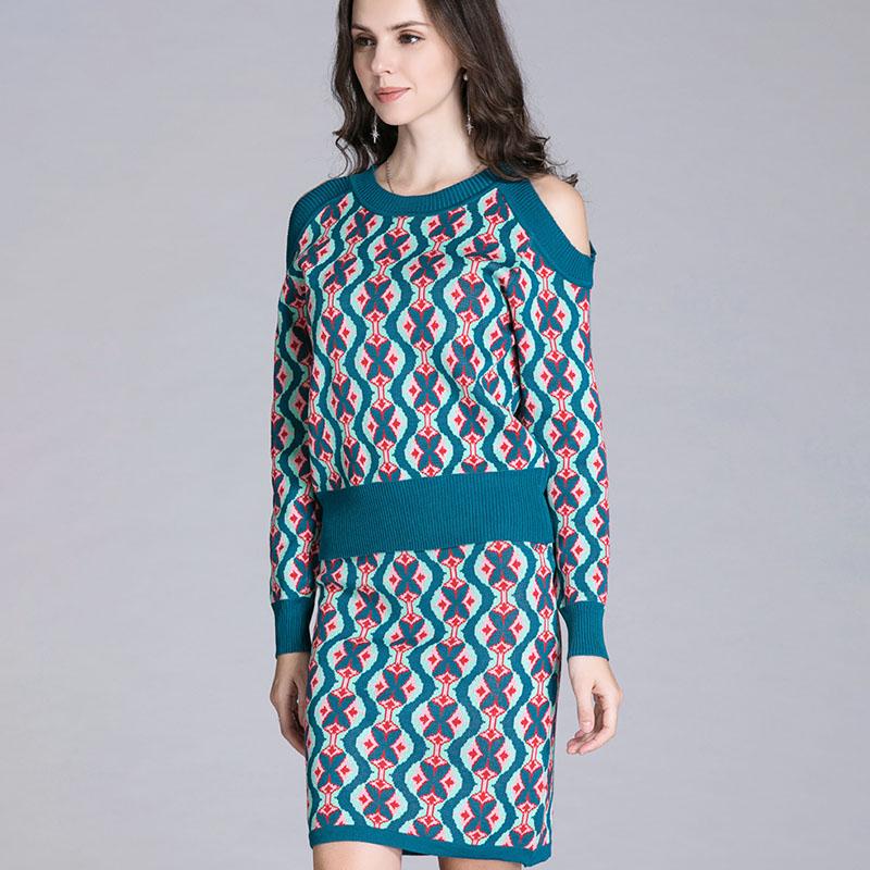 Women's Sweater Skirt Set Vintage Printed Off-shoulder Knitted Sweater Top and Bodycon Knitted Skirt Two-piece Set Female Outfits