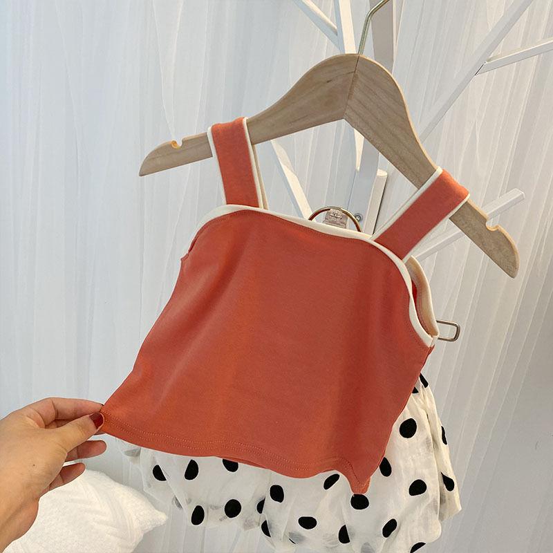 2PCS Children Clothing Set Spring Summer Sling Girls Suits Wave Point Sleeveless Tops + Pants Clothing Set