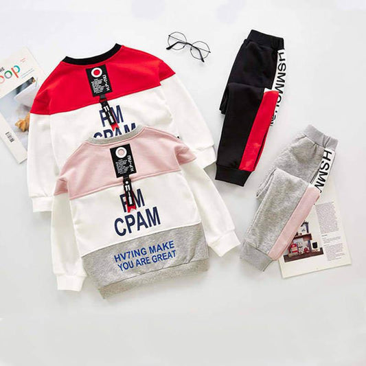 Spring Long-sleeved Casual Two-piece Girl Loose Pullover Sports Suit Contrast Color Stitching Design Girl Spring and Autumn Two-piece