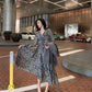 Floral Dress Black Over The Knee Long Sleeve Dress Women French Retro V-neck Summer Chiffon Skirt