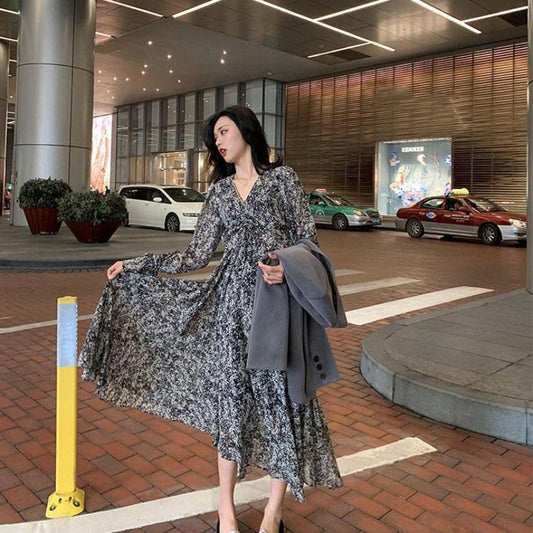Floral Dress Black Over The Knee Long Sleeve Dress Women French Retro V-neck Summer Chiffon Skirt