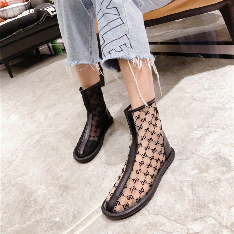 Eugen Gauze Letter Printed Sandals Martin Boots Motorcycle Boots Flat Shoes Breathable Women's Shoes