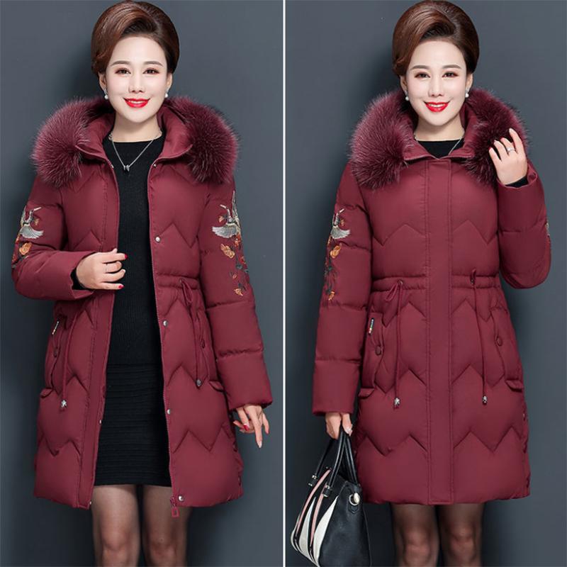 Women's Solid Color  Down Jacket Mid-length Korean Style Loose Thick Coat Warm Cotton Coat Large Fur Collar Winter Quilted Jacket