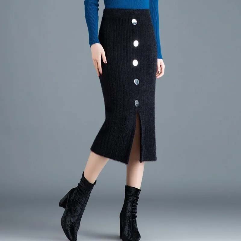 Women's Autumn and Winter Fashion Warm Imitation Mink Fleece Skirt Thick Knit Mid-length Slit Bag Hip Wool One-step Long Skirt