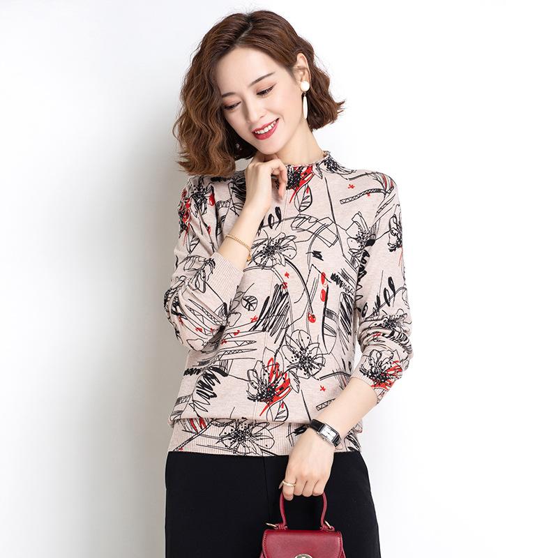 Turtleneck Sweater Ladies Winter Thick Warm Woolen Sweater Retro Printing Knitted Bottoming Sweater Pullover Jumper Outwear