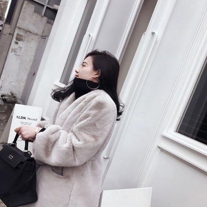 Faux Fur Jacket Winter Fashion V-neck Thickening Warm Waist Mid-length Fur Coat Suitable for Women