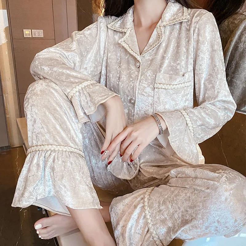 Women's Gold Velvet Pajamas Set Comfortable Gold Edge Tie Dye Long Sleeve Sleeping Suit Spring Autumn Lapel Cardigan Casual Out Wear Pyjama Set