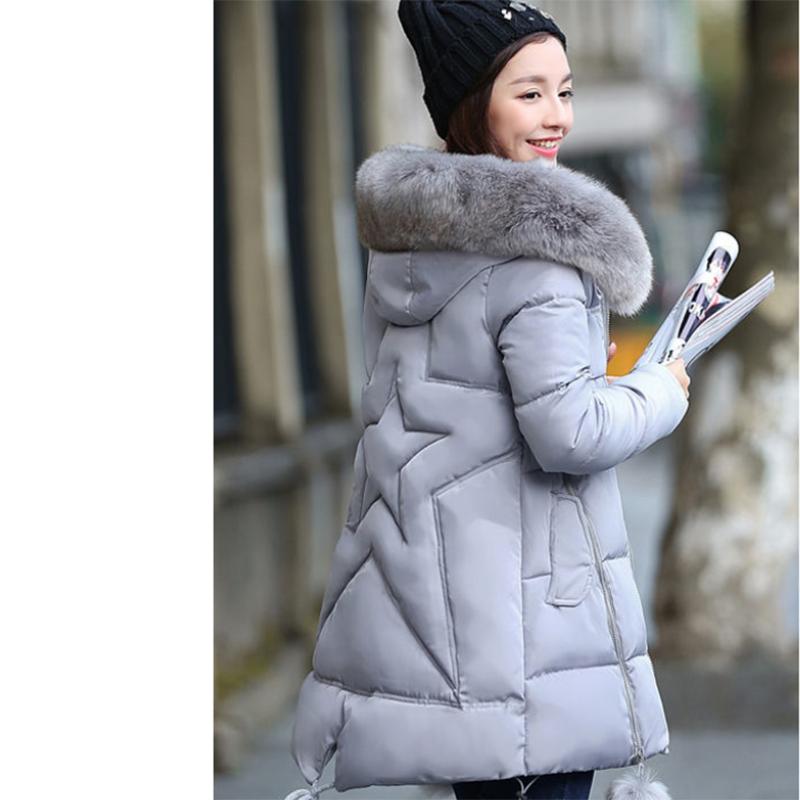 Women's Solid Color Embroidered Down Jacket Mid-length Korean Style Loose Thick Coat Warm Cotton Coat Large Fur Collar Winter Quilted Jacket