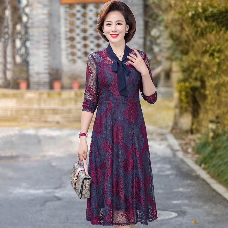 Spring Summer New Lace Dress Mid-length Over-the-knee Skirt Casual All-match Waist Waist Slim Long-sleeved Skirt