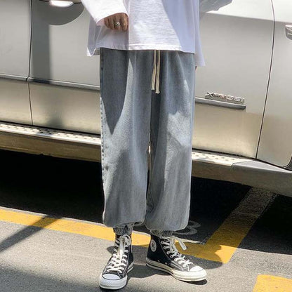 Spring Fashion Workwear Jeans Loose Drawstring Wide Legs Trendy Brand All-match Elastic Pants Cropped Pants