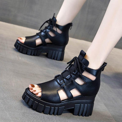 Women's Platform Sandals Hollow Breathable Boots Summer Wedge Heel Mesh Fish Mouth Shoes