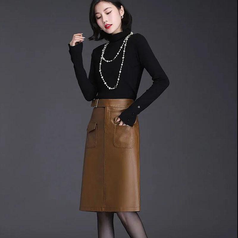 Female Autumn  Winter Leather Skirt High Waist Slim Wrap Skirt PU Leather Knee-length Bodycon Pencil Skirt