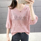 Women's V-neck Hollow Knit Sweater Women's Loose Korean Version of Batwing Sweater Top Women's Short Thin Knit Pullover Sweater