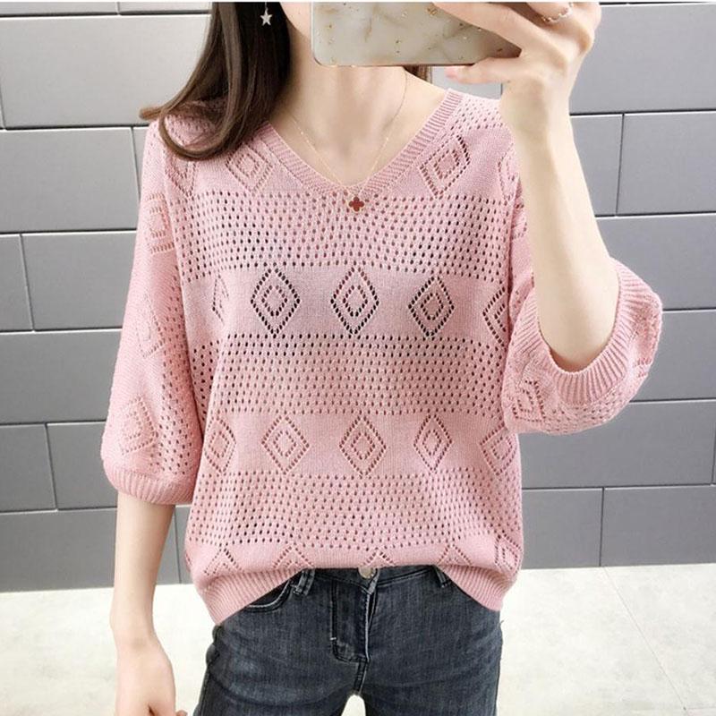 Women's V-neck Hollow Knit Sweater Women's Loose Korean Version of Batwing Sweater Top Women's Short Thin Knit Pullover Sweater
