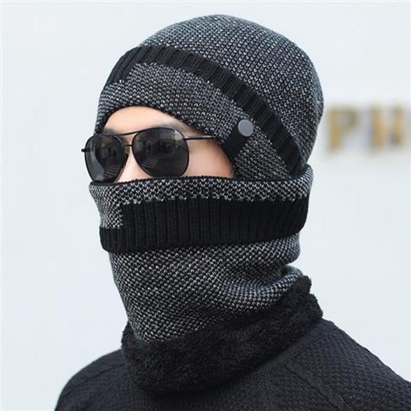 Hat Men's Winter Fashion Warm Woolen Hat Windproof Ear Protection Knitted Hood Hat Bib Set Thickened Hooded Biking