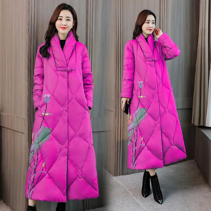 Winter Ladies Down Jacket Retro Printed Long Cotton Jacket Thicken Ethnic Wind Over-the-Knee Jacket