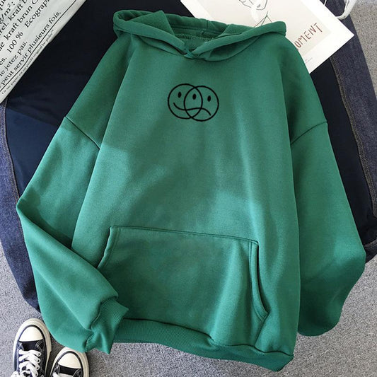 Smile Face and Sad Face Hoodie Aesthetic Sweatshirt Pullover Korean Style Streetwear Sweatshirt Long Sleeve Smile Sad Face Line Print Hood