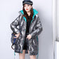 Shiny Winter Jacket Women Mid-length Stand-up Collar Thick Warm Loose  Padded Jacket Windproof Drawstring Ladies Coats