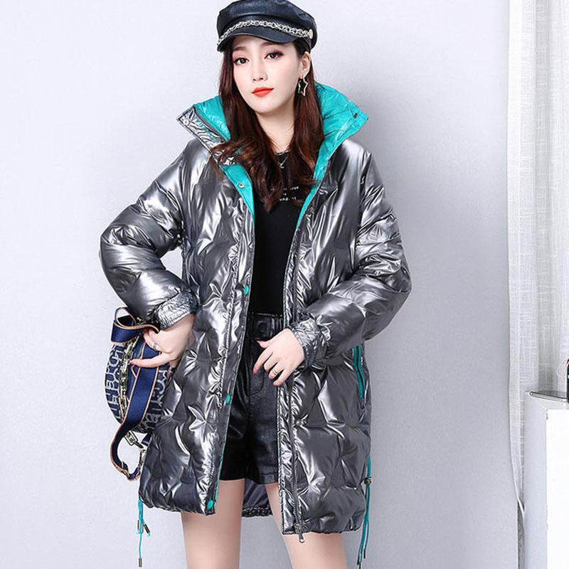 Shiny Winter Jacket Women Mid-length Stand-up Collar Thick Warm Loose  Padded Jacket Windproof Drawstring Ladies Coats