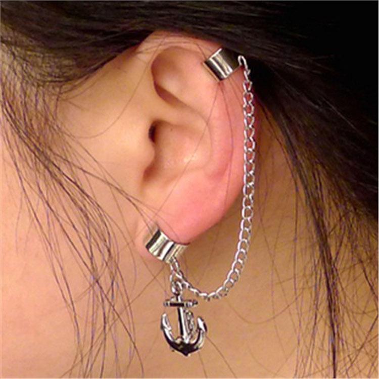 Textured Silver Tassel Anchor Ear Pierced Ear Clip Fashion Couple Earrings