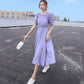 One-word Leaky Shoulder Short-sleeved Red Plaid Long Skirt with Waist and Thin Temperament Chiffon Fairy Dress A-line Skirt with Large Skirt