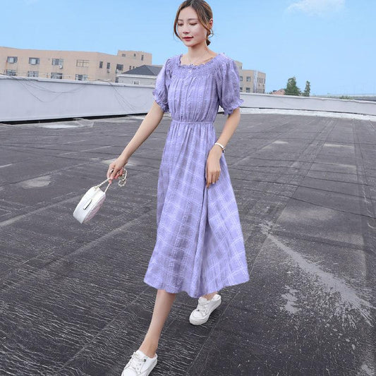 One-word Leaky Shoulder Short-sleeved Red Plaid Long Skirt with Waist and Thin Temperament Chiffon Fairy Dress A-line Skirt with Large Skirt