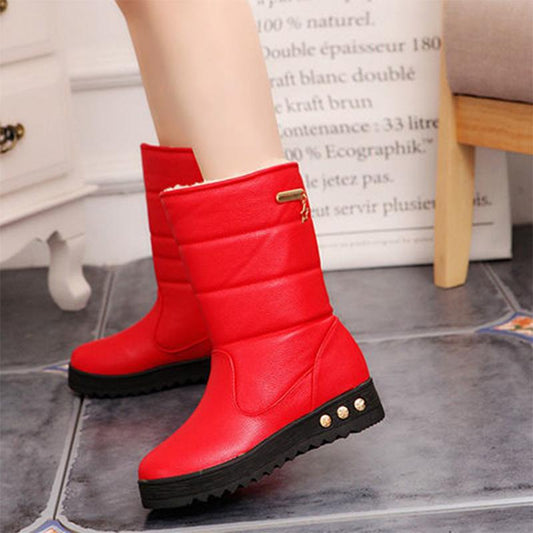 Winter Snow Boots Flat Bottom Thick Bottom Non-slip Waterproof Leather Women's Shoes Ladies Short Boots Thick Bottom Large