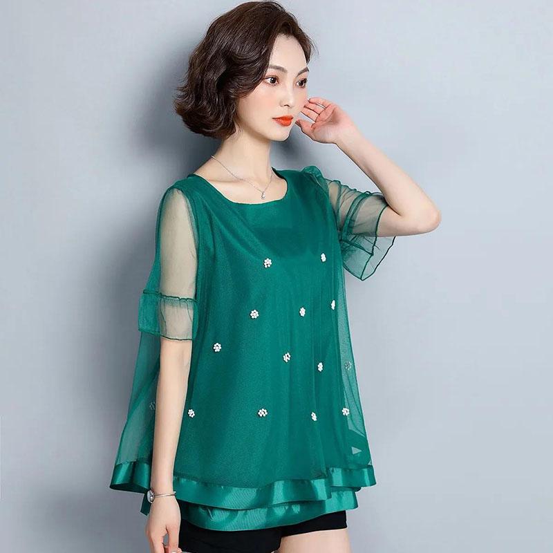 Women's Summer Plus Size Short Sleeve Top Mesh Loose Versatile V-Neck T-Shirt