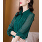 Rhinestone Chiffon Shirt Women's Long-sleeved Shirts Spring and Autumn Solid Color Lapel Mesh Blouse Temperament Button Up Lantern Sleeves Casual Tops