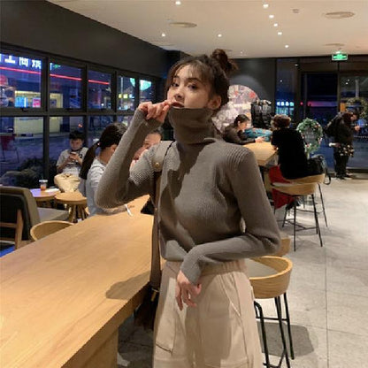 Pofulove Solid Color Pile Neck Sweater Undershirt Women Autumn and Winter Thick Turtleneck Sweater