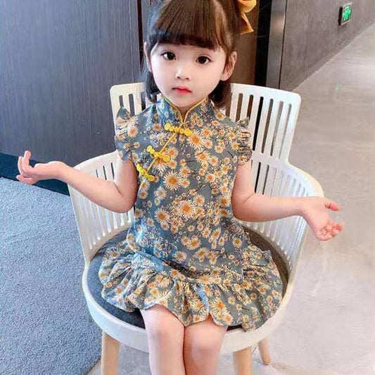 Children Dress Spring Summer Broken Flower Kids Clothing  Baby Girls Clothing Sleeveless Cheongsam Dress Girl