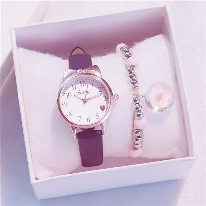 Cute Girl Watch with Gift Box Student Simple College Style Watch  Transfer Beads Bracele Birthday Gift Waterproof Quartz Watch