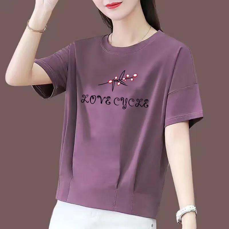 100% Cotton Pleated Short-sleeved Printed T-shirt Girls Summer Top Loose and Comfortable All-match Trendy Gown