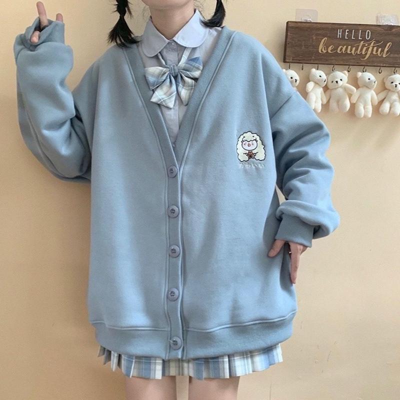 Autumn  Winter Button Cardigan Sweater Women Cute Embroidery Student Loose Coat Female College Style