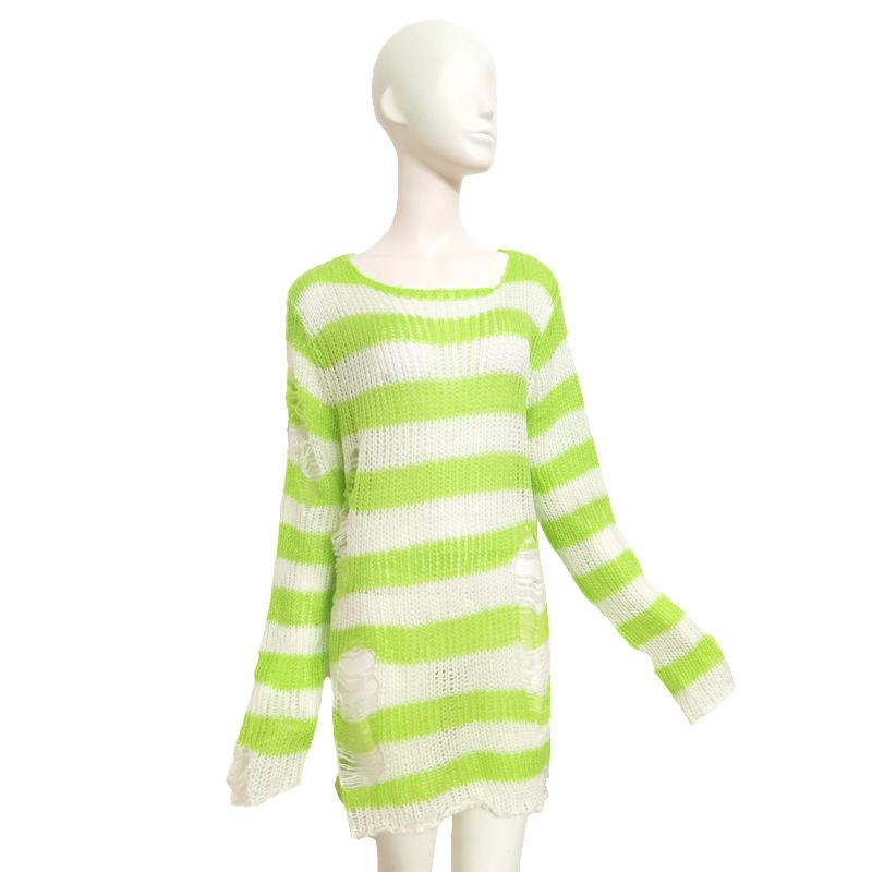 Goth Punk Sweater Fashion Hole Pullover Knitted Striped Sweaters Plus Size Loose Long Sweater Broken Hollow Out Streetwear Hip Hop Harajuku Sweaters
