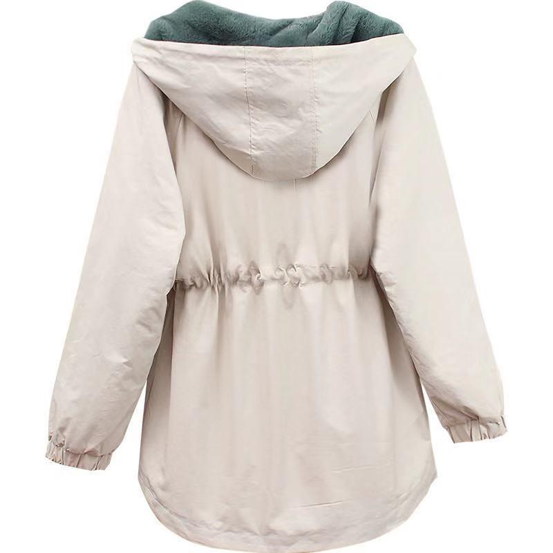Women's Plus Velvet Hooded Parka Jacket Short Autumn and Winter Thickened All-match Casual Loose Drawstring Windbreaker Jacket