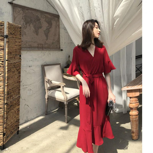 Elegant Women Maxi Long Dress Summer Sundress Female Sexy V Neck Casual Pleated Belt Party Vestido