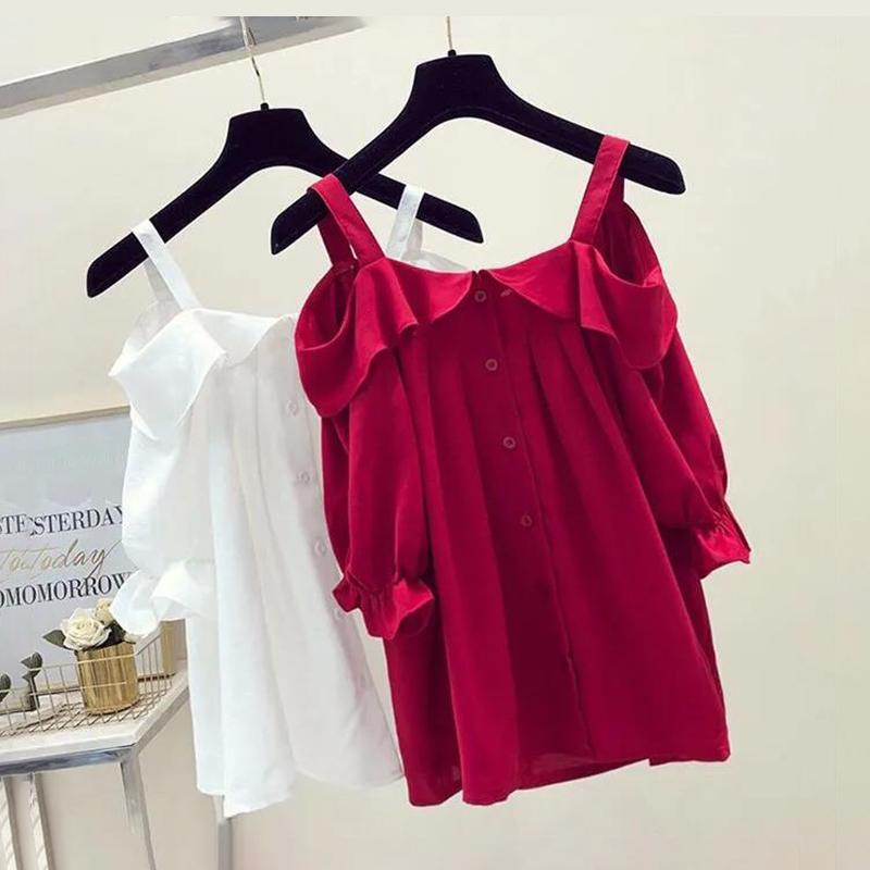 Sling One-shoulder Blouse Women's Ruffled Mid-sleeve Off-shoulder Shirt Chiffon Shirt Off-shoulder Sling Shirt Sweet and Cute
