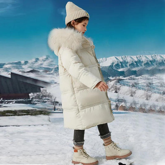 Children's White Duck Down Jacket Girl Mid-length Warm Winter Clothes Plus Fleece Padded Jacket