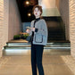 Temperament Small Fragrance Round Neck Houndstooth Short Coat Women's Spring and Autumn All-match Long-sleeved Round Neck Top